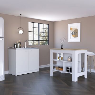 Set da cucina Phoenix, isola cucina + mobile da cucina con lavello, 90/90 cm di altezza x 103/100 cm di larghezza x 70/50 cm di profondità, bianco/duna