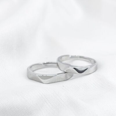 Plain Angle Cut Silver Adjustable Couple Promise Matching Ring set