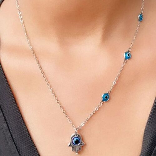 Half Evil Eye Necklace Hamsa Charm Silver Protection Choker Necklace