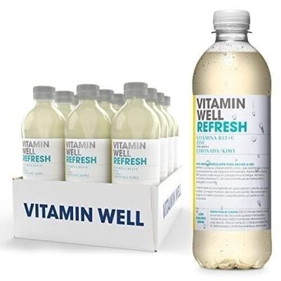 VITAMIN WELL REFRESH - Bebida no carbonatada funcional (a base de vitaminas) y calmante de la sed - Sabor Kiwi / Limón - Caja de 12 botellas de 500 ml