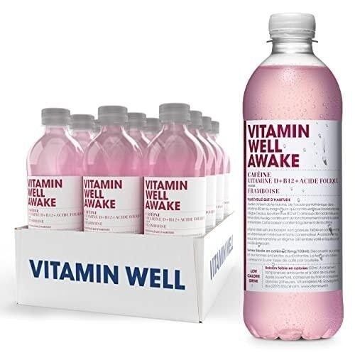 VITAMIN WELL AWAKE - Boisson non gazeuse fonctionnelle (à base de vitamine) et désaltérante - Saveur Framboise - Boîte de 12  bouteilles de 500 ml