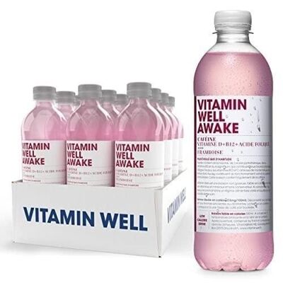 VITAMIN WELL AWAKE – Funktionelles (auf Vitaminbasis) und durstlöschendes Getränk ohne Kohlensäure – Himbeergeschmack – Karton mit 12 x 500-ml-Flaschen