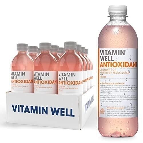 VITAMIN WELL ANTIOXIDANT - Boisson non gazeuse fonctionnelle (à base de vitamine) et désaltérante  - Saveur Pêche - Boîte de 12 bouteilles de 500 ml