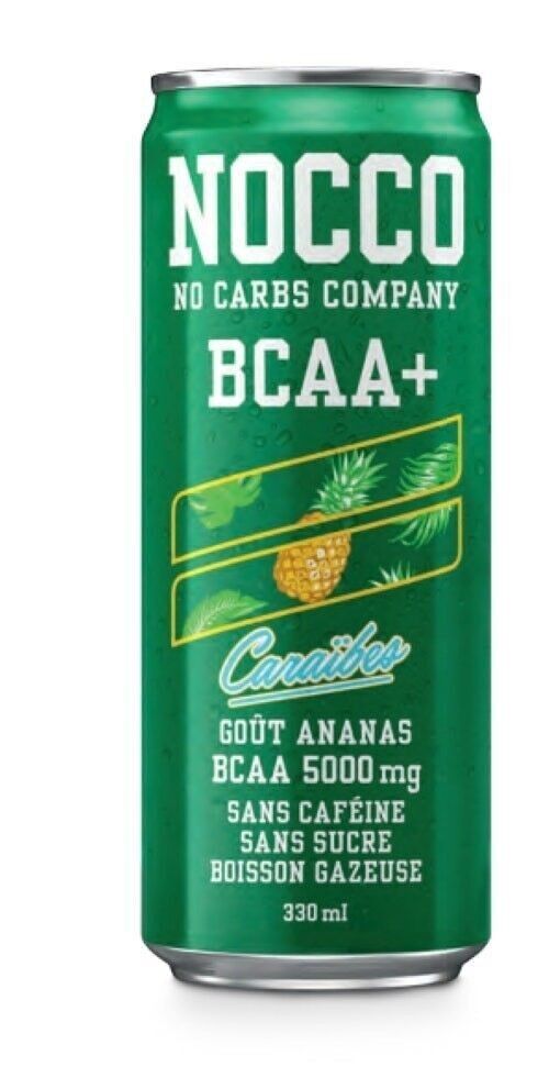 NOCCO Goût Ananas  - Boisson gazeuse fonctionnelle - Sans Caféine - Sans sucre  - Boîte de 24 canettes de 330 ml