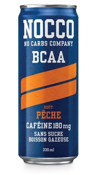 NOCCO Goût Pêche - Boisson gazeuse fonctionnelle - Avec Caféine (180 ml) - Sans sucre  - Boîte de 24 canettes de 330 ml