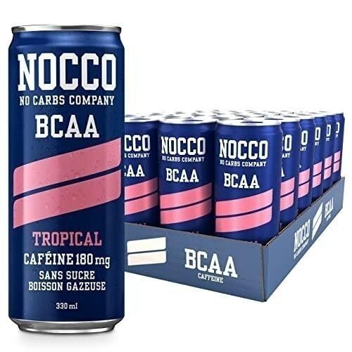NOCCO Goût Tropical - Boisson gazeuse fonctionnelle - Avec Caféine (180 ml) - Sans sucre  - Boîte de 24 canettes de 330 ml