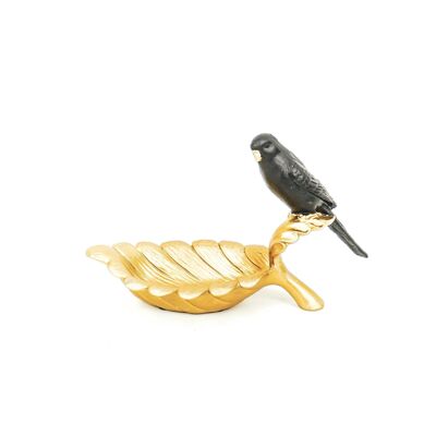 HV Black Parakeet Bird on a Golden Leaf - 21x9x13 cm