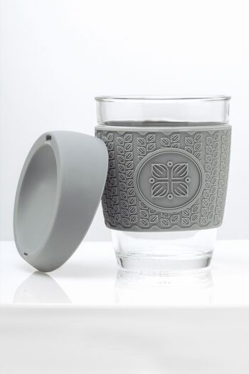 Tasses à café réutilisables Funk My World - Tasse de voyage écologique en verre borosilicaté - Convient aux baristas de 12 oz - Manchon thermique 3D épaissi - Couvercle anti-poireaux (GRIS) 2