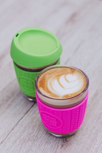 Tasses à café réutilisables Funk My World - Tasse de voyage écologique en verre borosilicaté - Convient aux baristas de 12 oz - Manchon thermique 3D épaissi - Couvercle anti-poireaux (FUSION PINK) 5