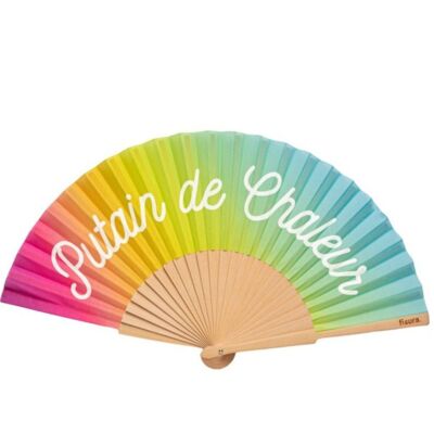 Eventail "Putain de chaleur" écriture phosphorescente coloris Rainbow