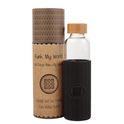 Funk My World BPA-freie Wasserflasche mit umweltfreundlicher Tragetasche, Borosilikatglas, 550-ml-Wasserflasche, auslaufsicher, 3D-Thermohülle, 18 Unzen (schwarz)