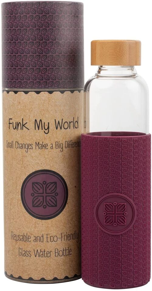 Funk My World BPA Free Water Bottle With Eco Friendly Carry Case, Borosilicate Glass, 550ml Water Bottle Leakproof, 3D Thermal Sleeve 18oz 20 (Burgundy)