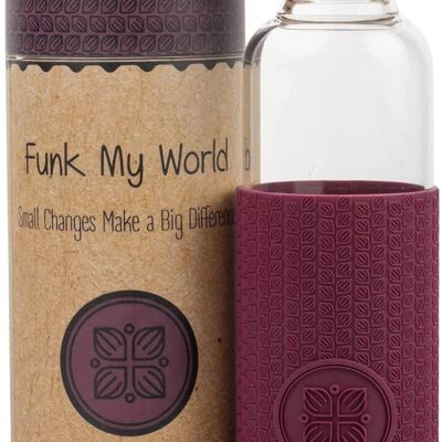 Funk My World BPA Free Water Bottle With Eco Friendly Carry Case, Borosilicate Glass, 550ml Water Bottle Leakproof, 3D Thermal Sleeve 18oz 20 (Burgundy)