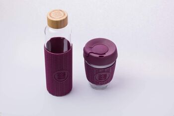 Funk My World Bouteille d'eau sans BPA avec étui de transport écologique, verre borosilicaté, bouteille d'eau de 550 ml étanche, manchon thermique 3D 18 oz 20 (Bourgogne) 3