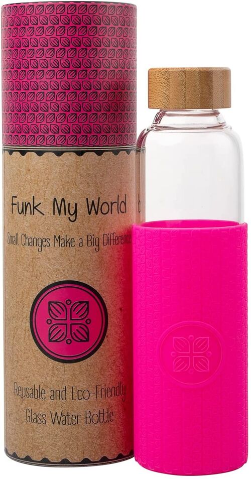Funk My World BPA Free Water Bottle With Eco Friendly Carry Case, Borosilicate Glass, 550ml Water Bottle Leakproof, 3D Thermal Sleeve 18oz 23 (Fusion Pink)