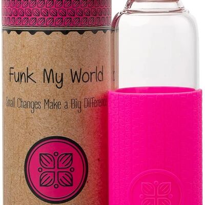 Funk My World BPA Free Water Bottle With Eco Friendly Carry Case, Borosilicate Glass, 550ml Water Bottle Leakproof, 3D Thermal Sleeve 18oz 23 (Fusion Pink)