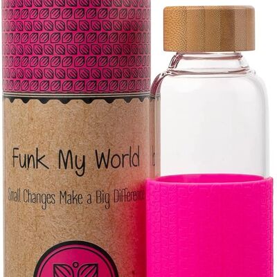 Funk My World BPA-freie Wasserflasche mit umweltfreundlicher Tragetasche, Borosilikatglas, 550-ml-Wasserflasche, auslaufsicher, 3D-Thermohülle, 18oz 23 (Fusion Pink)