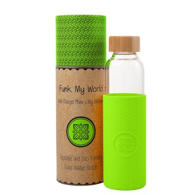 Funk My World BPA Free Water Bottle With Eco Friendly Carry Case, Borosilicate Glass, 550ml Water Bottle Leakproof, 3D Thermal Sleeve 18oz 24(Lime Green)