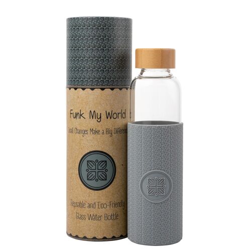 Funk My World BPA Free Water Bottle With Eco Friendly Carry Case, Borosilicate Glass, 550ml Water Bottle Leakproof, 3D Thermal Sleeve 18oz 25 (Grey)