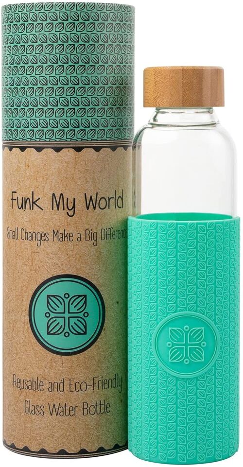 Funk My World BPA Free Water Bottle With Eco Friendly Carry Case, Borosilicate Glass, 550ml Water Bottle Leakproof, 3D Thermal Sleeve 18oz 27(Turquoise)