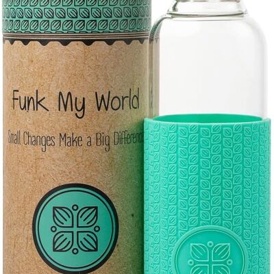 Funk My World Bouteille d'eau sans BPA avec étui de transport écologique, verre borosilicaté, bouteille d'eau de 550 ml étanche, manchon thermique 3D 18 oz 27 (turquoise)