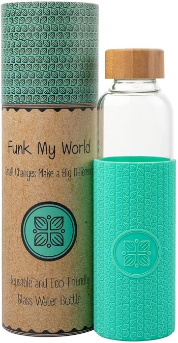 Funk My World Bouteille d'eau sans BPA avec étui de transport écologique, verre borosilicaté, bouteille d'eau de 550 ml étanche, manchon thermique 3D 18 oz 27 (turquoise) 1