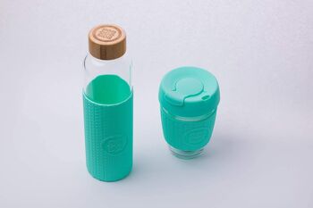 Funk My World Bouteille d'eau sans BPA avec étui de transport écologique, verre borosilicaté, bouteille d'eau de 550 ml étanche, manchon thermique 3D 18 oz 27 (turquoise) 3