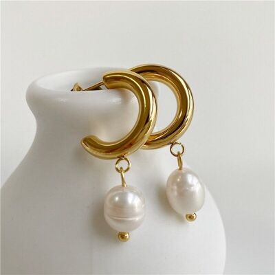 Kievan - Gold Creole Pearl Earrings