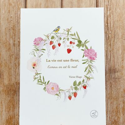 A4 watercolor and gilding poster "Life is a flower, love is the honey"