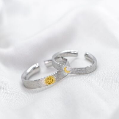 Pure Silver Sun Moon Adjustable Couple Promise Ring Set