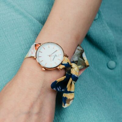 Reloj de pulsera Geneva para mujer con nudo de corbata y correa de tela cambiable con estampado floral azul
