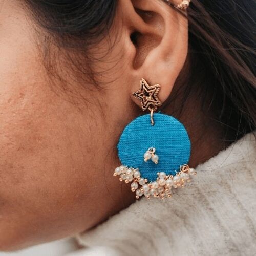 Blue Handmade Round Plain Poth White Pearl Fabric Boho Asian Indian Earrings