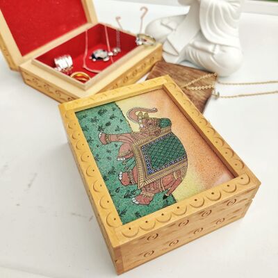 Caja de joyería de recuerdo de baratija tallada en madera vintage de elefante indio hecho a mano