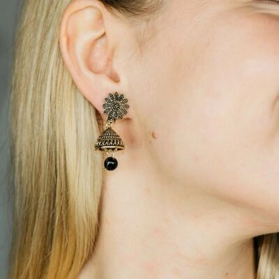 Small Black Intricate Floral Colourful Asian Indian Ethnic Boho Bridal Jhumka