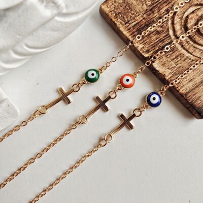 Collana girocollo minimalista con croce cristiana multicolore con occhio diabolico