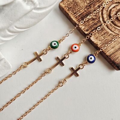 Multicolour Evil Eye Sideways Christian Cross Minimalist Choker Dainty Necklace