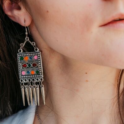 Pendientes indios asiáticos étnicos con gota boho india cuadrada de esmalte colorido oxidado