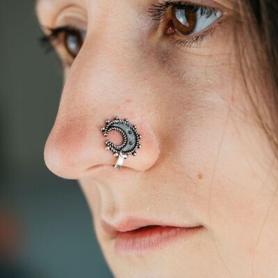 Oxidised German Half Moon Silver Non Pierced Boho Gypsy Clip On Nose Pin