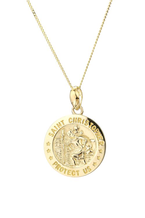 9ct Yellow Gold St. Christopher 14mm Disc Pendant With 18" Curb Chain