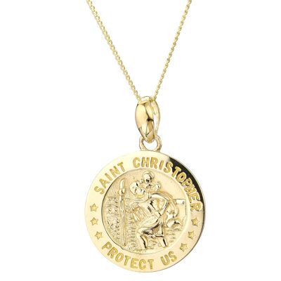9ct Yellow Gold St. Christopher 14mm Disc Pendant With 18" Curb Chain