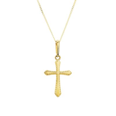 Pendentif croix en or jaune 9 carats sur chaîne gourmette de 18"