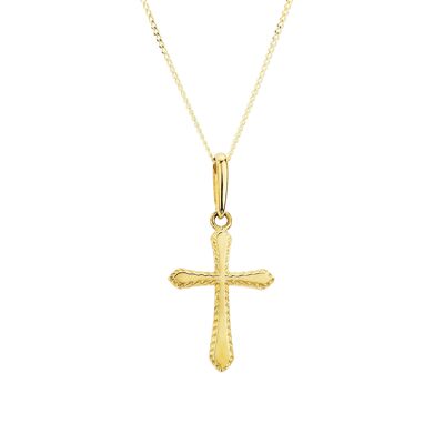 Colgante de cruz de oro amarillo de 9 ct con cadena de borde de 18 "