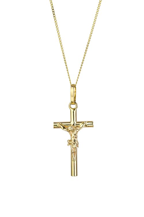 9ct Yellow Gold Crucifix Cross Pendant On 18" Curb Chain