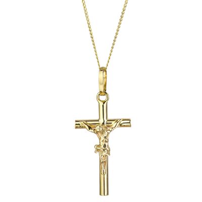 9ct Yellow Gold Crucifix Cross Pendant On 18" Curb Chain