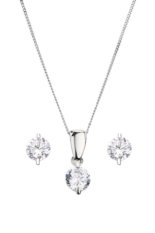 9ct White Gold 5mm White Cubic Zirconia Earrings And Pendant Set On 18" Curb Chain