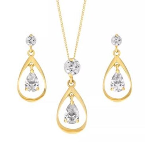 9ct Yellow Gold Double CZ Drop Earrings And Pendant Set With 18" Curb Chain