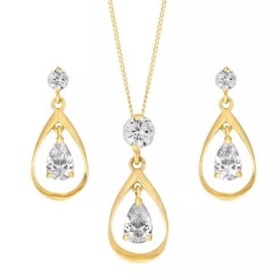 9ct Yellow Gold Double CZ Drop Earrings And Pendant Set With 18" Curb Chain