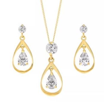 Boucles d'oreilles et pendentif double CZ en or jaune 9 carats avec chaîne gourmette de 18 po