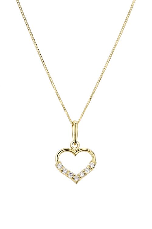 9ct Yellow Gold CZ Heart Pendant on 18" Curb Chain