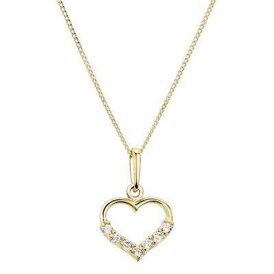 9ct Yellow Gold CZ Heart Pendant on 18" Curb Chain